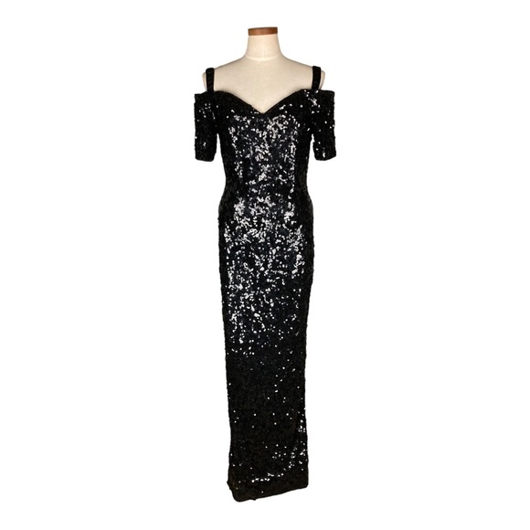 Peak Evenings Black Sequined Floor Length Dress Gown Sz 8 - Picture 1 of 16